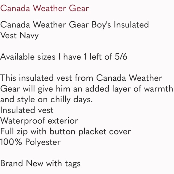 CANADA WEATHER GEAR Boys Insulated Vest size 5/6 NAVY NWT - Picture 6 of 6